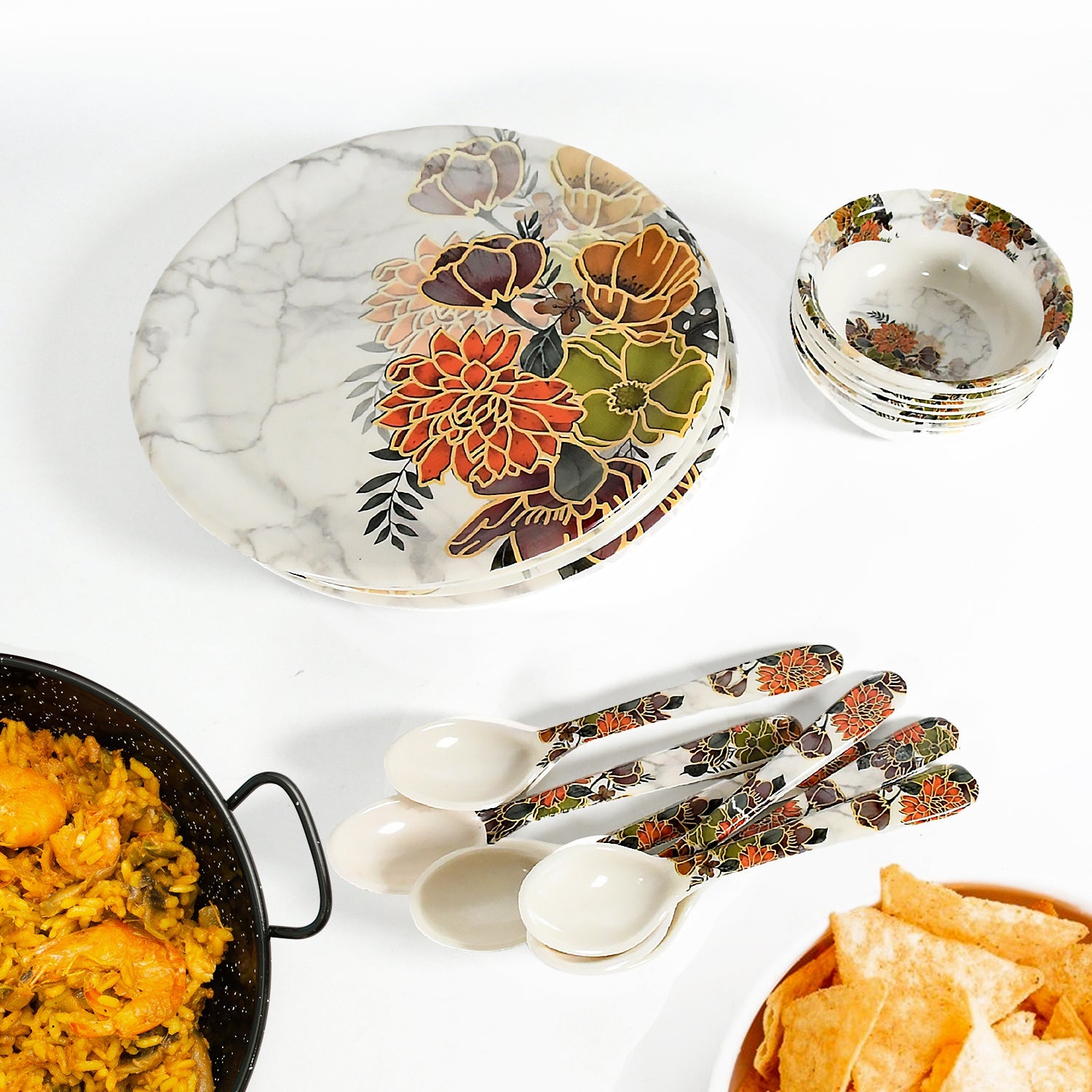 Dream 18-Piece Plastic Dinner Set – Unique Flower Design, 6 Plates, 6 Bowls & 6 Spoons, Microwave & Dishwasher Safe Dream 18-Piece Plastic Dinner Set – Unique Flower Design, 6 Plates, 6 Bowls & 6 Spoons, Microwave & Dishwasher Safe